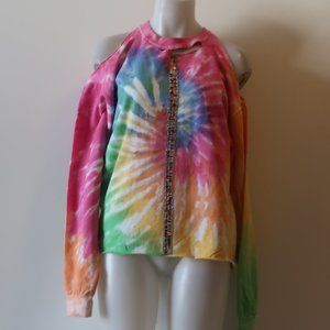 New w/Tags Womens Hi Gorgeous Multi Color Cold Shoulder Tie-Dye Sweatshirt Sz M…